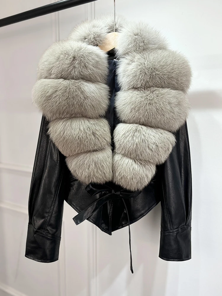 Lagabogy 2025 Real Fox Fur Collar Autumn Winter Faux Leather Jackets For Women Chic Dropped Shoulder PU Coat Casual Office Lady