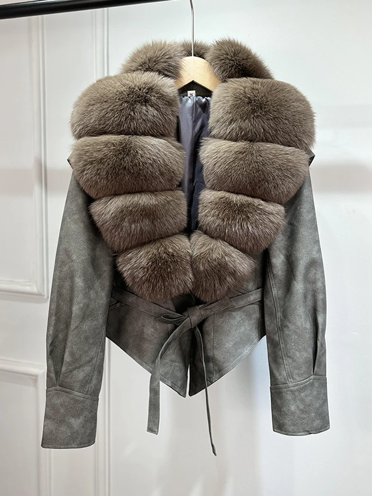 Lagabogy 2025 Real Fox Fur Collar Autumn Winter Faux Leather Jackets For Women Chic Dropped Shoulder PU Coat Casual Office Lady