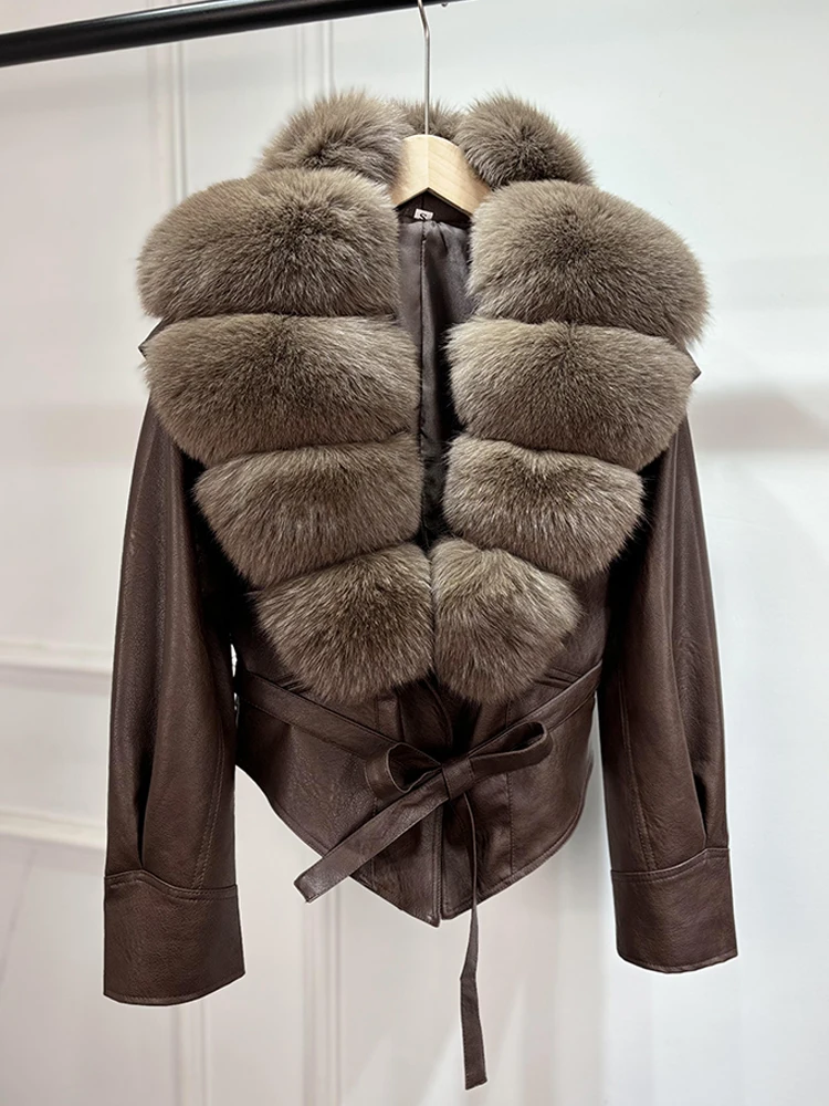 Lagabogy 2025 Real Fox Fur Collar Autumn Winter Faux Leather Jackets For Women Chic Dropped Shoulder PU Coat Casual Office Lady