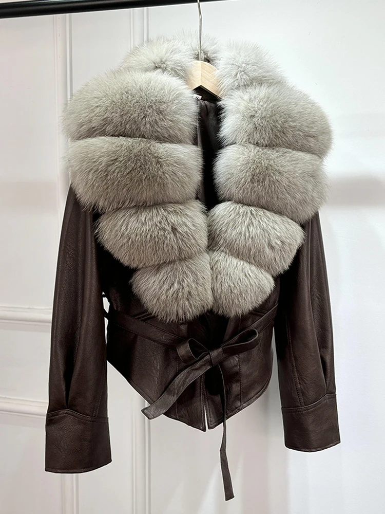 Lagabogy 2025 Real Fox Fur Collar Autumn Winter Faux Leather Jackets For Women Chic Dropped Shoulder PU Coat Casual Office Lady
