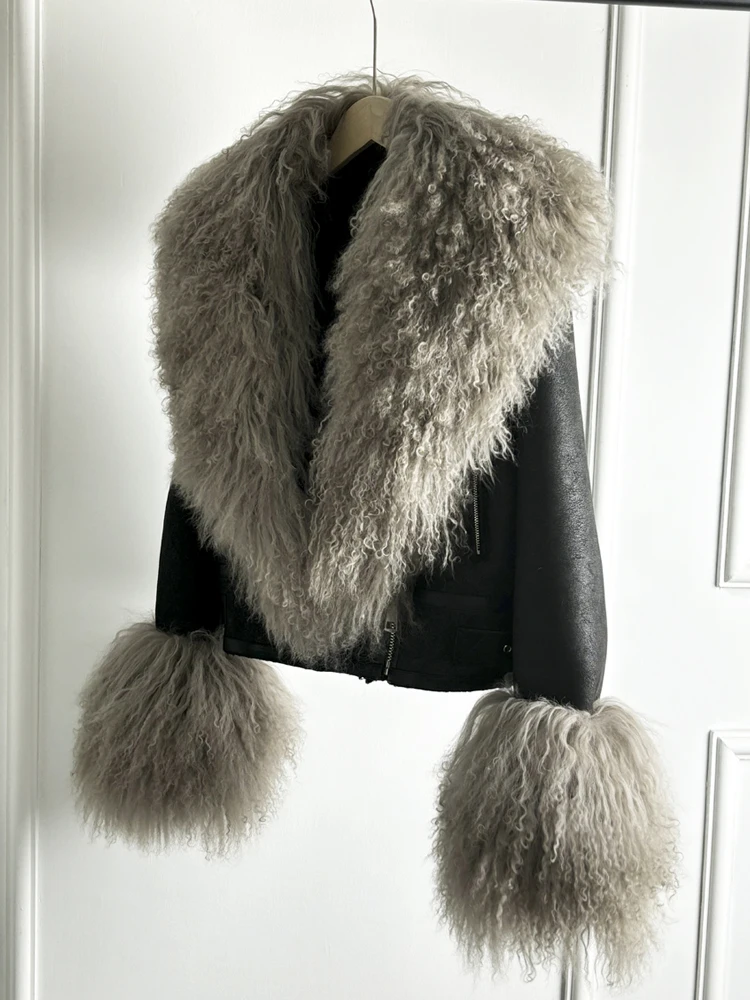 Janveny Luxury Natural Mongolian Sheep Fur Coat Women Winter Short Faux Leather Jacket Female Moto Biker Thick Outwear