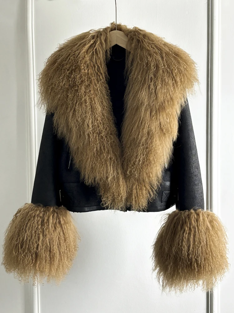 Janveny Luxury Natural Mongolian Sheep Fur Coat Women Winter Short Faux Leather Jacket Female Moto Biker Thick Outwear