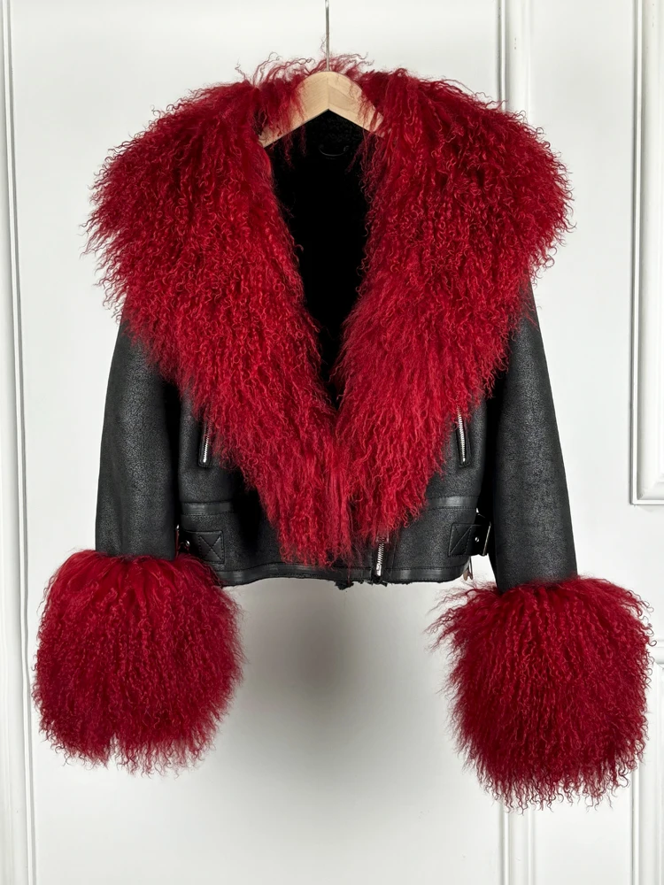 Janveny Luxury Natural Mongolian Sheep Fur Coat Women Winter Short Faux Leather Jacket Female Moto Biker Thick Outwear