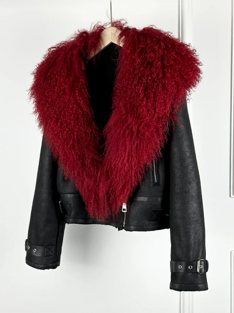 Janveny Luxury Natural Mongolian Sheep Fur Coat Women Winter Short Faux Leather Jacket Female Moto Biker Thick Outwear