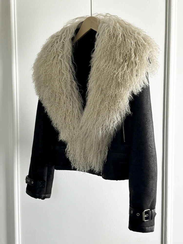 Janveny Luxury Natural Mongolian Sheep Fur Coat Women Winter Short Faux Leather Jacket Female Moto Biker Thick Outwear