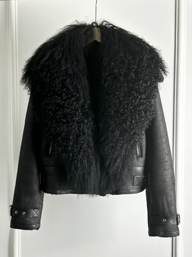 Janveny Luxury Natural Mongolian Sheep Fur Coat Women Winter Short Faux Leather Jacket Female Moto Biker Thick Outwear