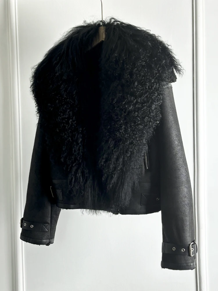 Janveny Luxury Natural Mongolian Sheep Fur Coat Women Winter Short Faux Leather Jacket Female Moto Biker Thick Outwear