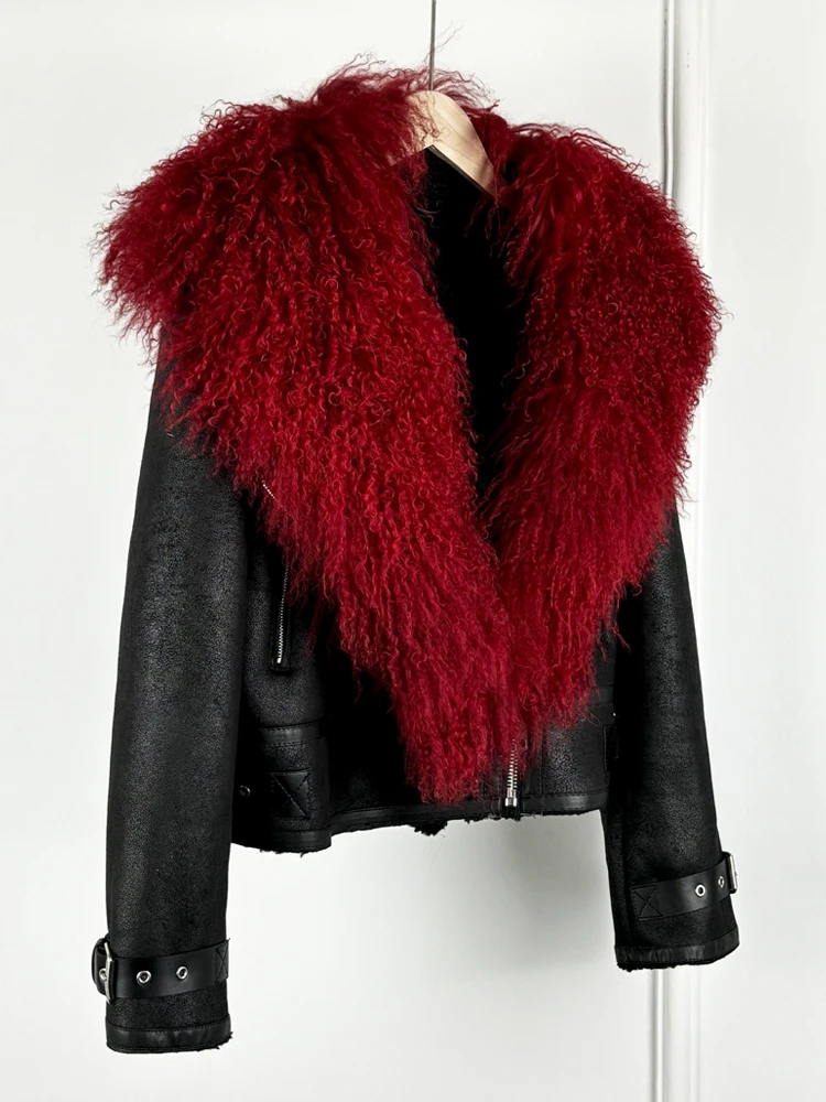 Janveny Luxury Natural Mongolian Sheep Fur Coat Women Winter Short Faux Leather Jacket Female Moto Biker Thick Outwear