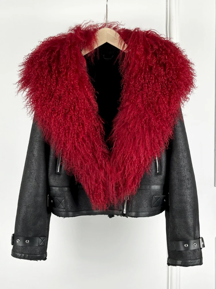 Janveny Luxury Natural Mongolian Sheep Fur Coat Women Winter Short Faux Leather Jacket Female Moto Biker Thick Outwear
