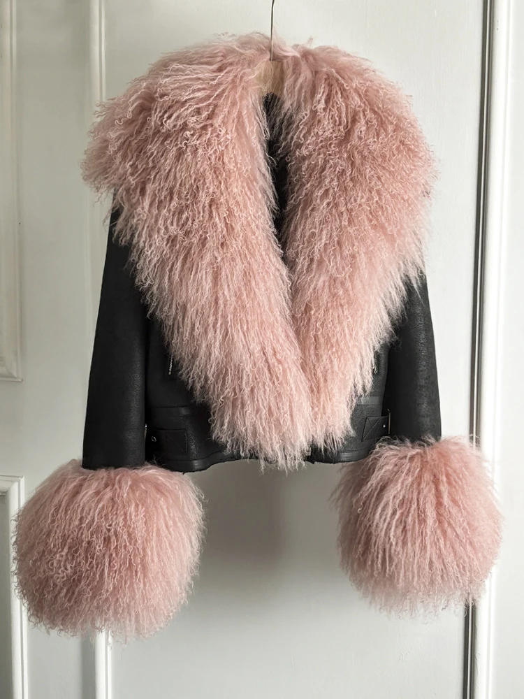 Janveny Luxury Natural Mongolian Sheep Fur Coat Women Winter Short Faux Leather Jacket Female Moto Biker Thick Outwear