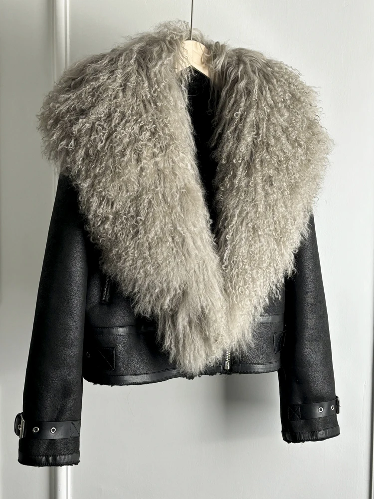 Janveny Luxury Natural Mongolian Sheep Fur Coat Women Winter Short Faux Leather Jacket Female Moto Biker Thick Outwear