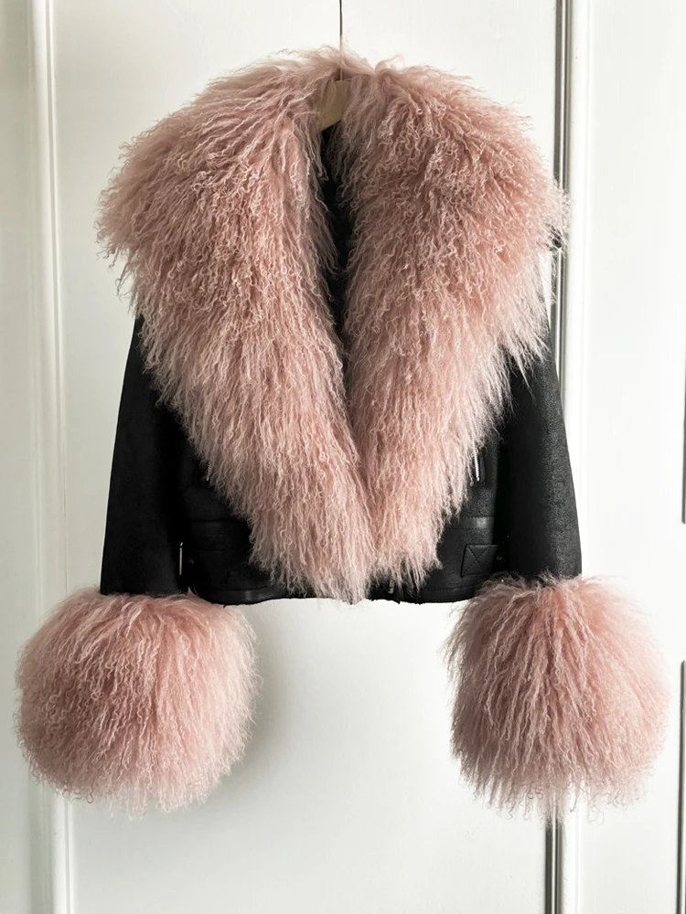 Janveny Luxury Natural Mongolian Sheep Fur Coat Women Winter Short Faux Leather Jacket Female Moto Biker Thick Outwear