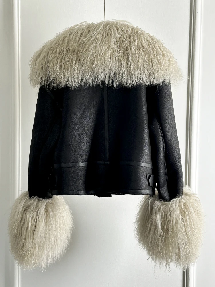 Janveny Luxury Natural Mongolian Sheep Fur Coat Women Winter Short Faux Leather Jacket Female Moto Biker Thick Outwear
