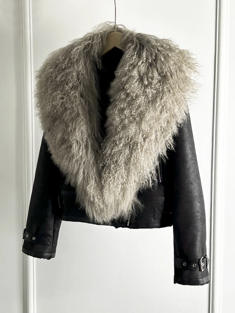 Janveny Luxury Natural Mongolian Sheep Fur Coat Women Winter Short Faux Leather Jacket Female Moto Biker Thick Outwear