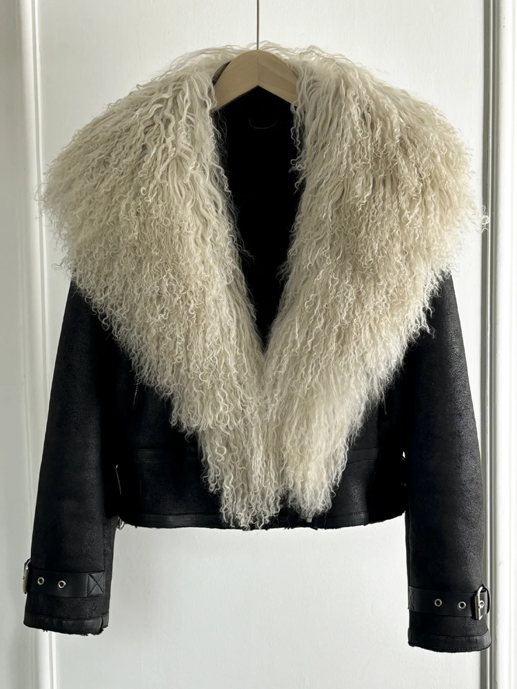 Janveny Luxury Natural Mongolian Sheep Fur Coat Women Winter Short Faux Leather Jacket Female Moto Biker Thick Outwear