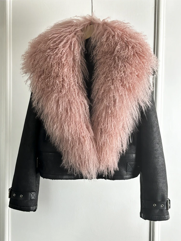 Janveny Luxury Natural Mongolian Sheep Fur Coat Women Winter Short Faux Leather Jacket Female Moto Biker Thick Outwear