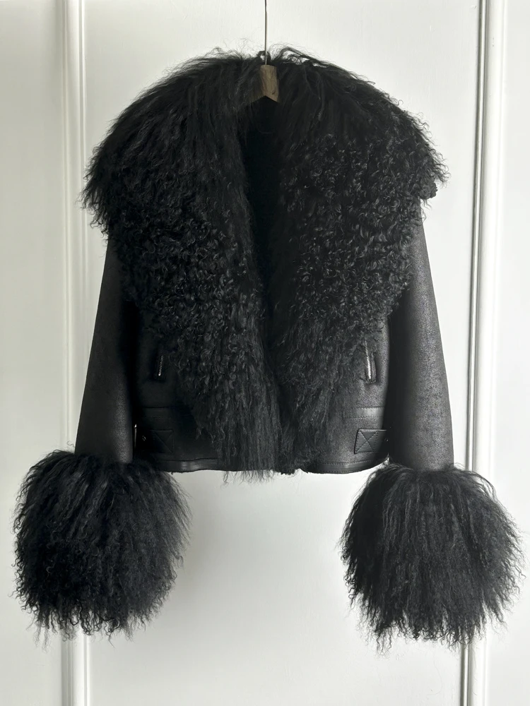 Janveny Luxury Natural Mongolian Sheep Fur Coat Women Winter Short Faux Leather Jacket Female Moto Biker Thick Outwear
