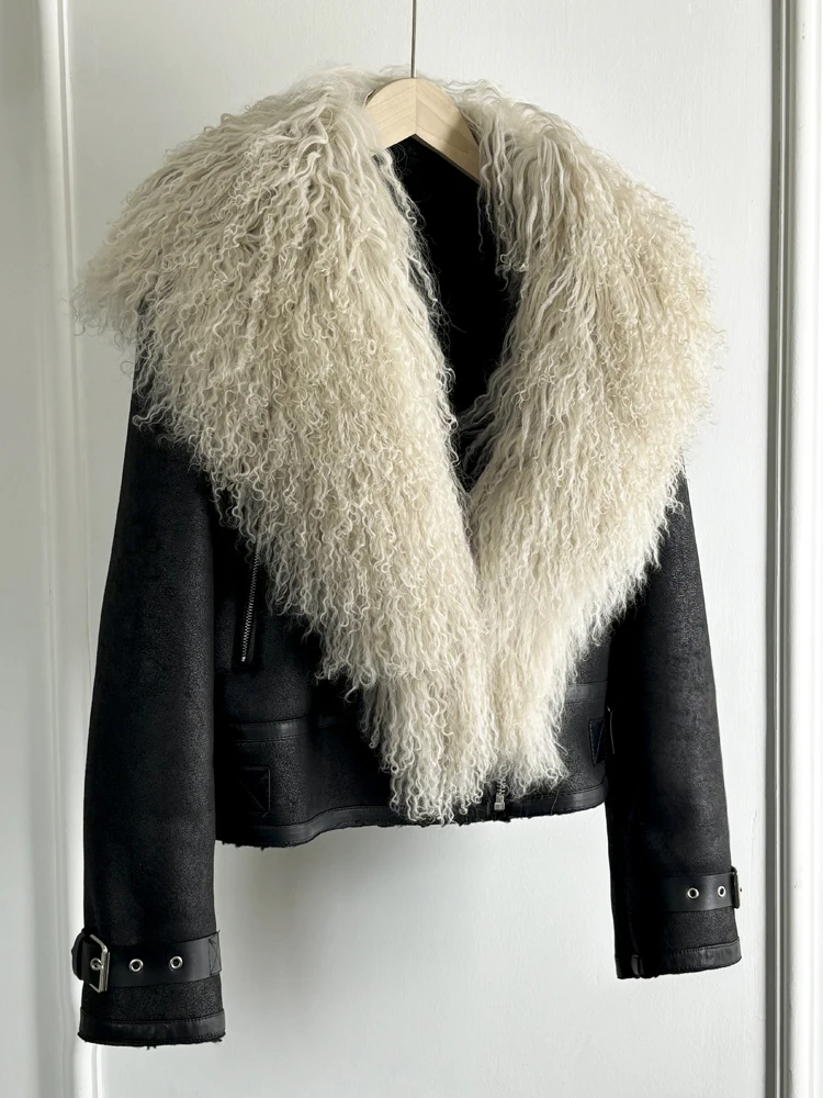 Janveny Luxury Natural Mongolian Sheep Fur Coat Women Winter Short Faux Leather Jacket Female Moto Biker Thick Outwear
