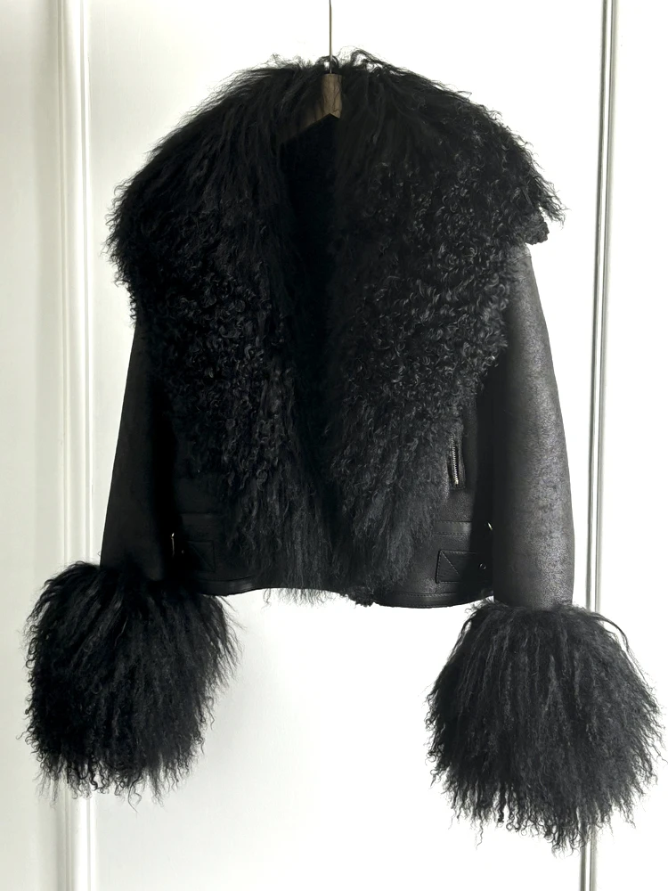 Janveny Luxury Natural Mongolian Sheep Fur Coat Women Winter Short Faux Leather Jacket Female Moto Biker Thick Outwear