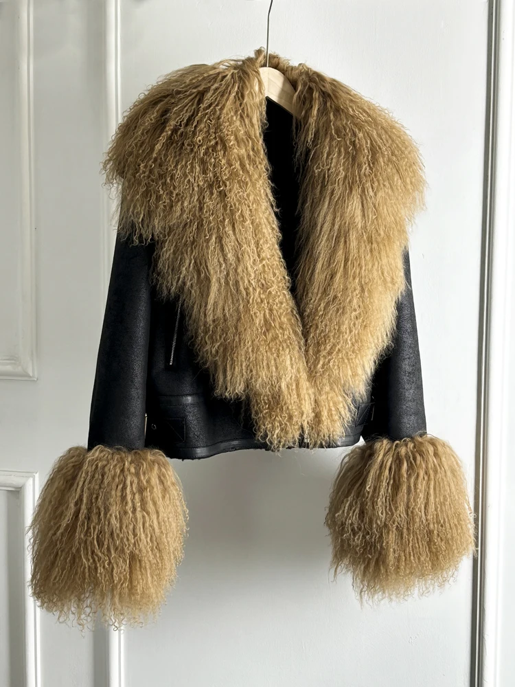 Janveny Luxury Natural Mongolian Sheep Fur Coat Women Winter Short Faux Leather Jacket Female Moto Biker Thick Outwear