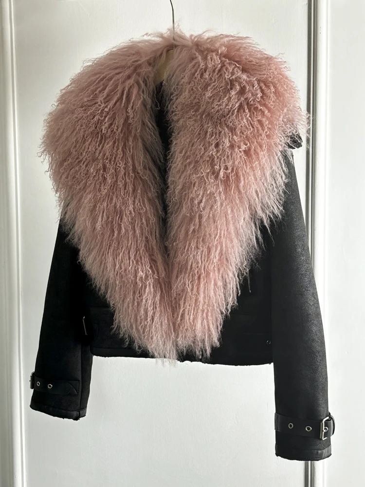 Janveny Luxury Natural Mongolian Sheep Fur Coat Women Winter Short Faux Leather Jacket Female Moto Biker Thick Outwear