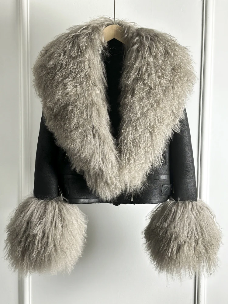 Janveny Luxury Natural Mongolian Sheep Fur Coat Women Winter Short Faux Leather Jacket Female Moto Biker Thick Outwear