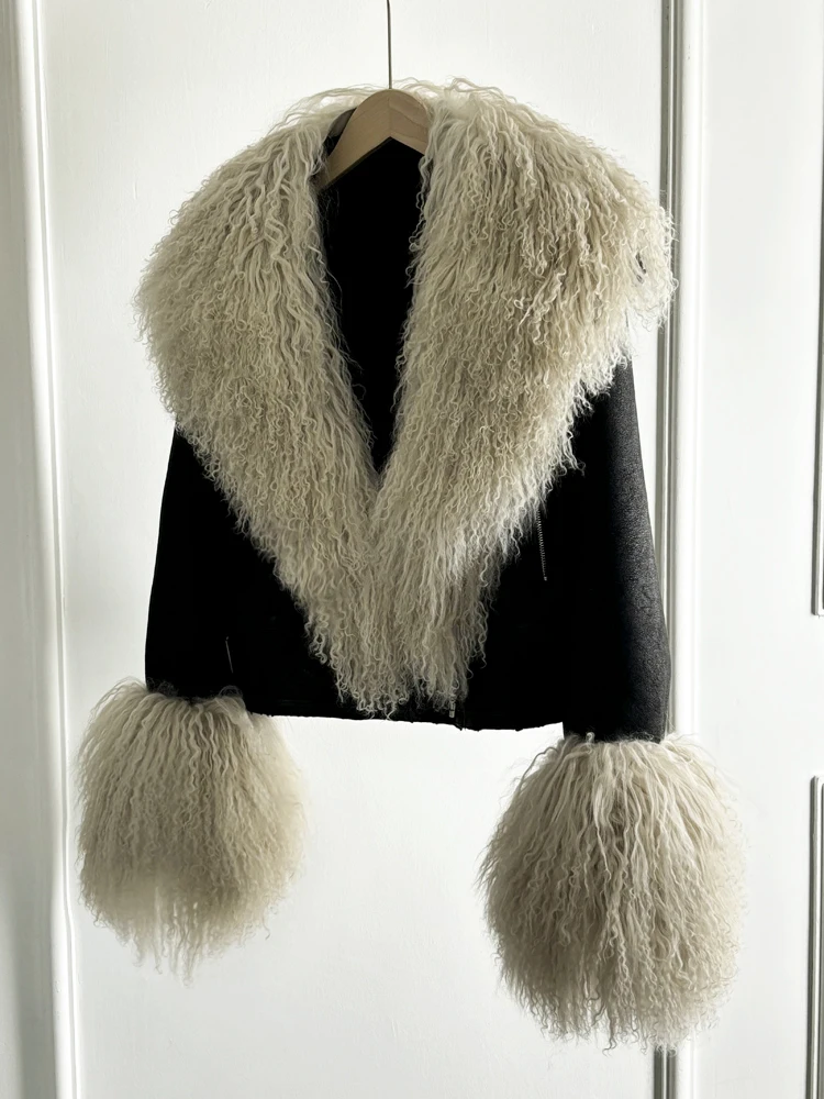 Janveny Luxury Natural Mongolian Sheep Fur Coat Women Winter Short Faux Leather Jacket Female Moto Biker Thick Outwear