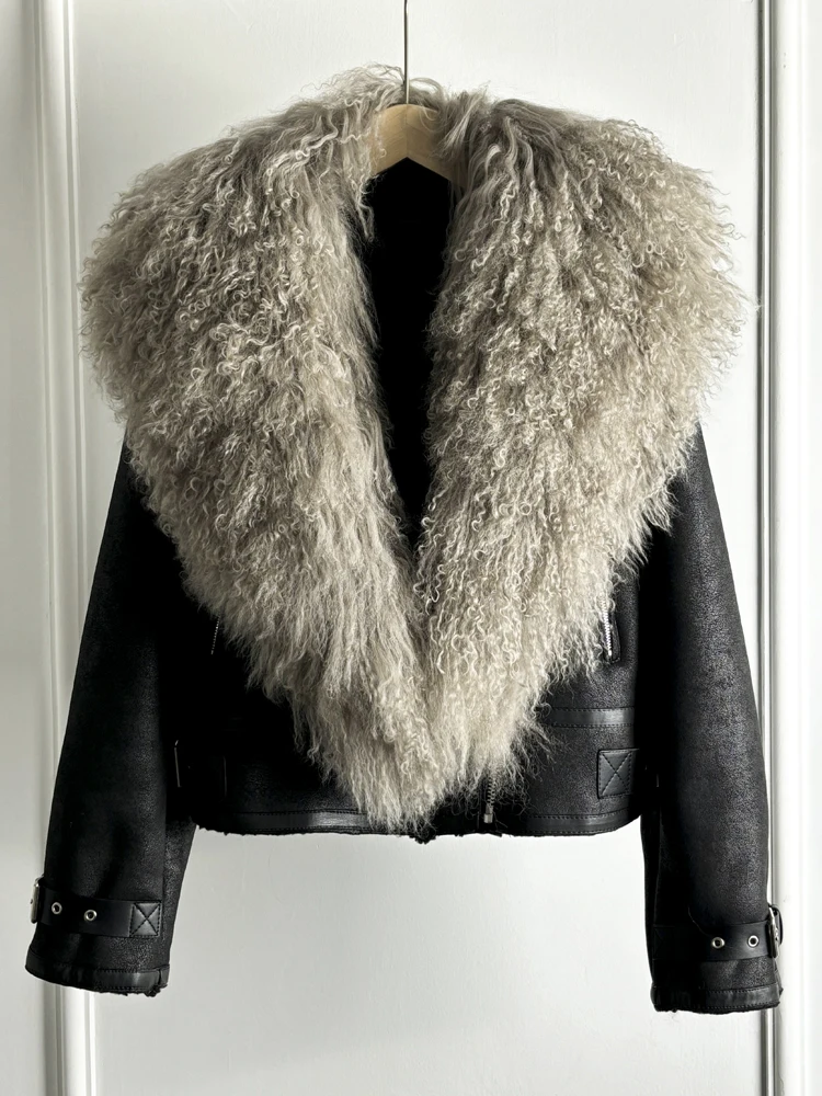 Janveny Luxury Natural Mongolian Sheep Fur Coat Women Winter Short Faux Leather Jacket Female Moto Biker Thick Outwear