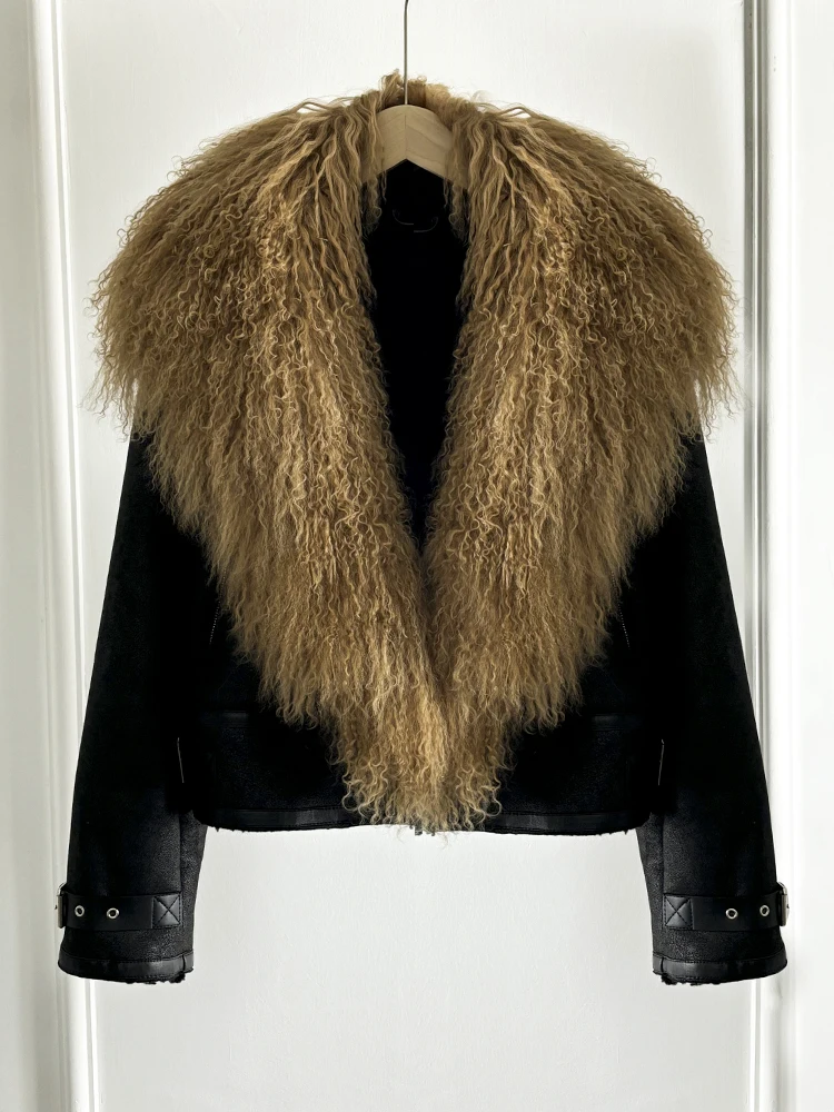 Janveny Luxury Natural Mongolian Sheep Fur Coat Women Winter Short Faux Leather Jacket Female Moto Biker Thick Outwear