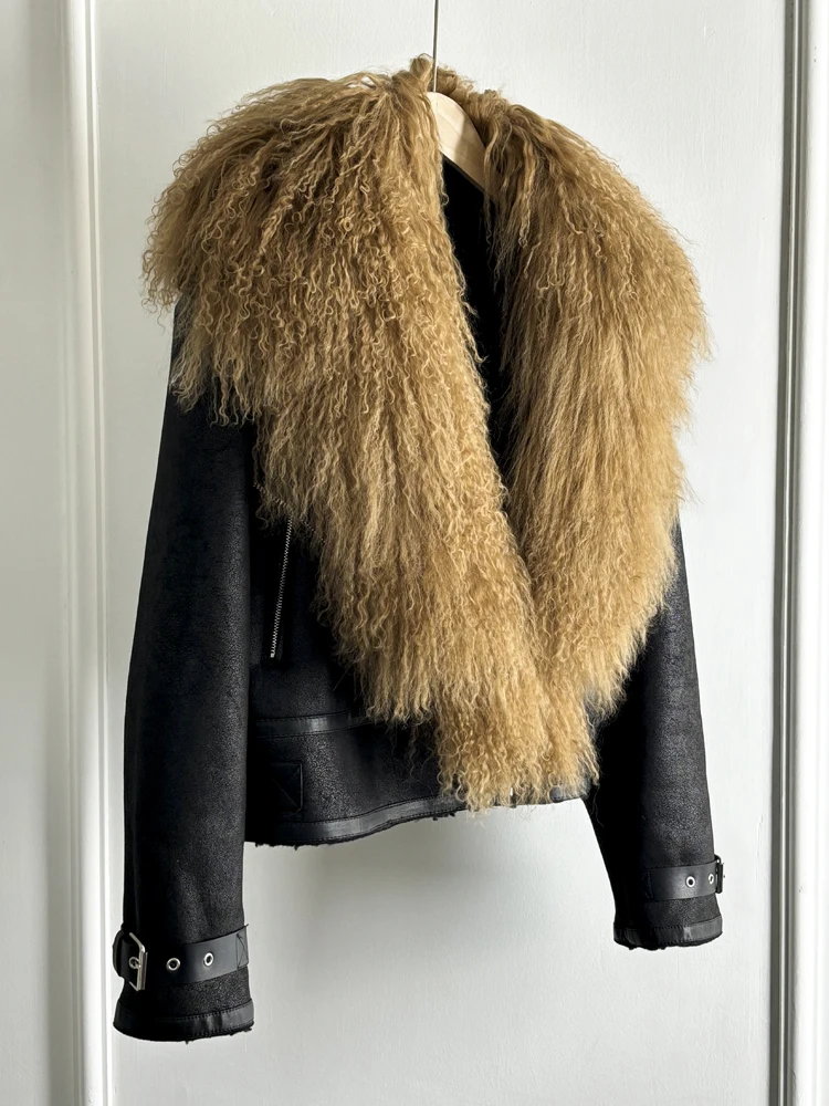 Janveny Luxury Natural Mongolian Sheep Fur Coat Women Winter Short Faux Leather Jacket Female Moto Biker Thick Outwear