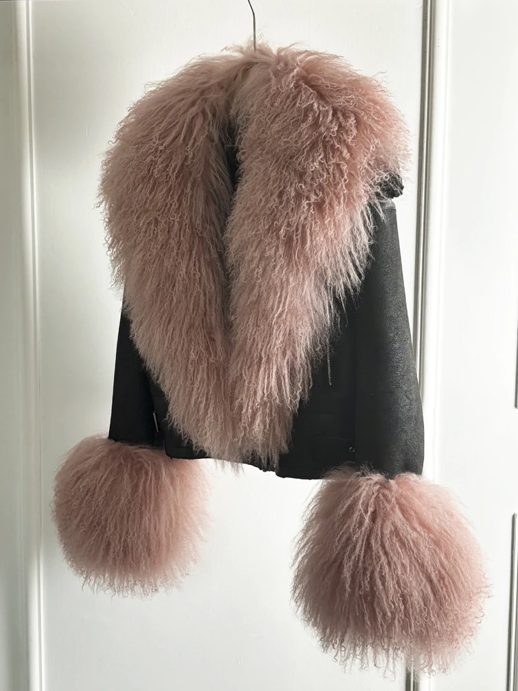 Janveny Luxury Natural Mongolian Sheep Fur Coat Women Winter Short Faux Leather Jacket Female Moto Biker Thick Outwear