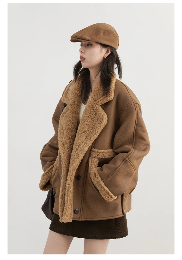 CHIC VEN Women Faux Leather Coat Single Breasted Loose Casual New Motorcycle Suit Suede Fur Jacket Female Top Autumn Winter 2025