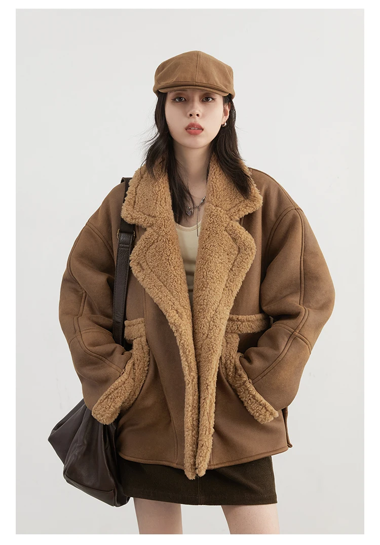 CHIC VEN Women Faux Leather Coat Single Breasted Loose Casual New Motorcycle Suit Suede Fur Jacket Female Top Autumn Winter 2025