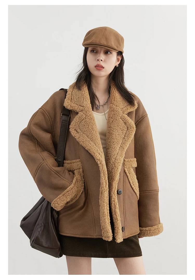 CHIC VEN Women Faux Leather Coat Single Breasted Loose Casual New Motorcycle Suit Suede Fur Jacket Female Top Autumn Winter 2025