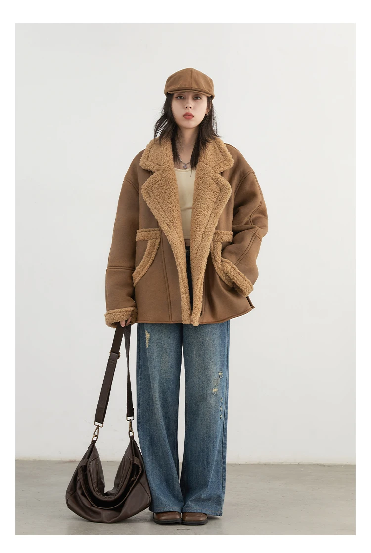 CHIC VEN Women Faux Leather Coat Single Breasted Loose Casual New Motorcycle Suit Suede Fur Jacket Female Top Autumn Winter 2025