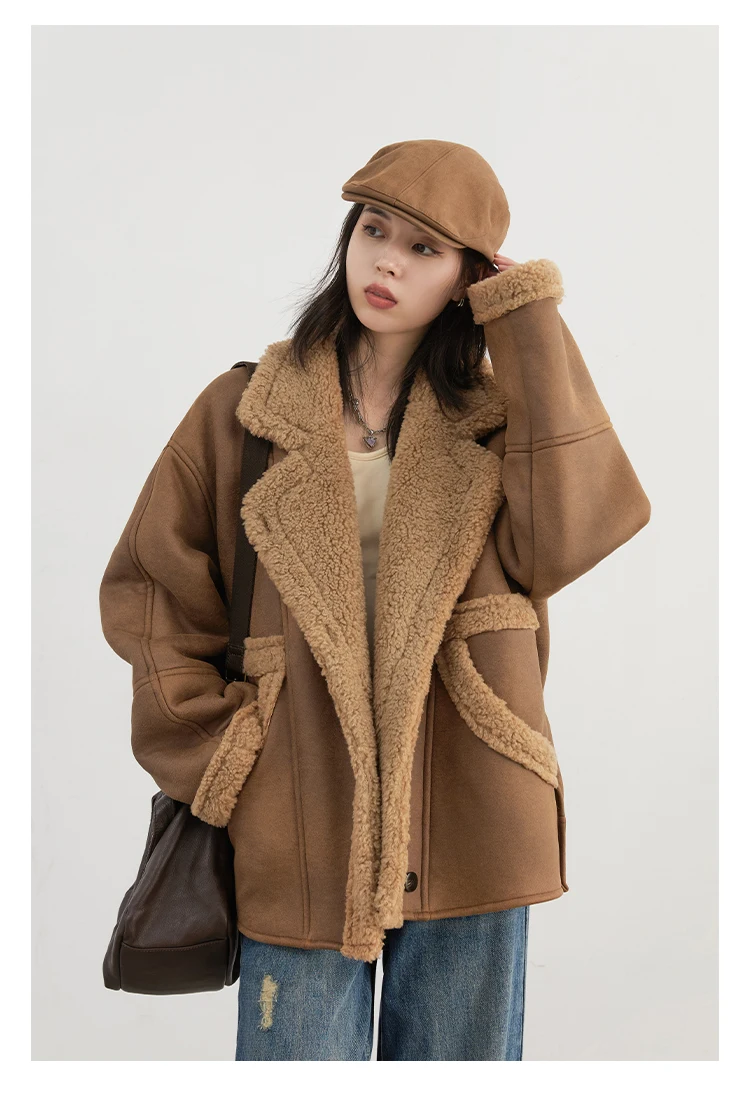 CHIC VEN Women Faux Leather Coat Single Breasted Loose Casual New Motorcycle Suit Suede Fur Jacket Female Top Autumn Winter 2025