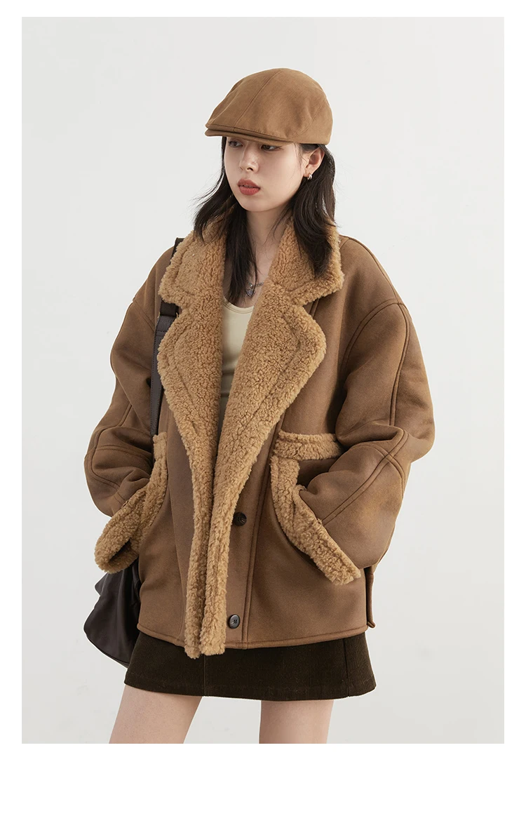 CHIC VEN Women Faux Leather Coat Single Breasted Loose Casual New Motorcycle Suit Suede Fur Jacket Female Top Autumn Winter 2025