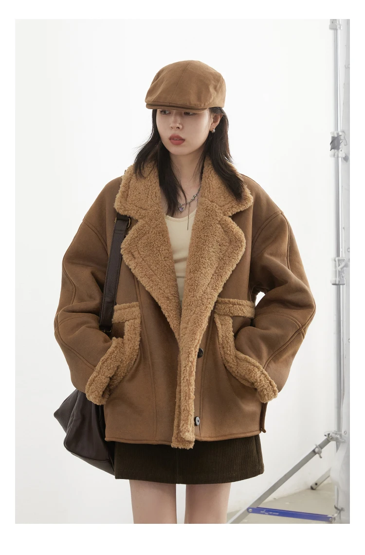 CHIC VEN Women Faux Leather Coat Single Breasted Loose Casual New Motorcycle Suit Suede Fur Jacket Female Top Autumn Winter 2025