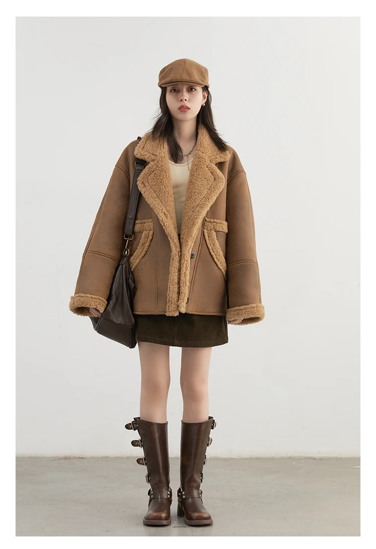 CHIC VEN Women Faux Leather Coat Single Breasted Loose Casual New Motorcycle Suit Suede Fur Jacket Female Top Autumn Winter 2025