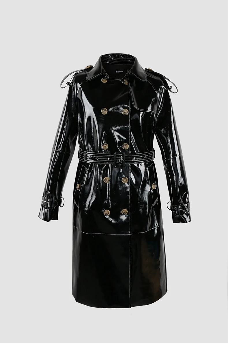 Nerazzurri Autumn Long Shiny Black Red Patent Pu Leather Trench Coat for Women Belt Double Breasted Luxury Designer Clothes 2023