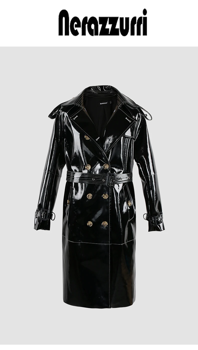 Nerazzurri Autumn Long Shiny Black Red Patent Pu Leather Trench Coat for Women Belt Double Breasted Luxury Designer Clothes 2023