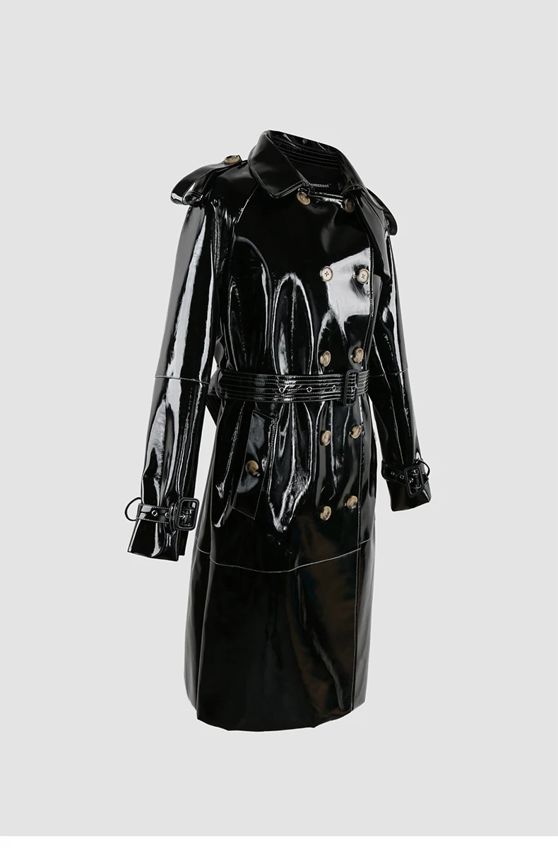 Nerazzurri Autumn Long Shiny Black Red Patent Pu Leather Trench Coat for Women Belt Double Breasted Luxury Designer Clothes 2023