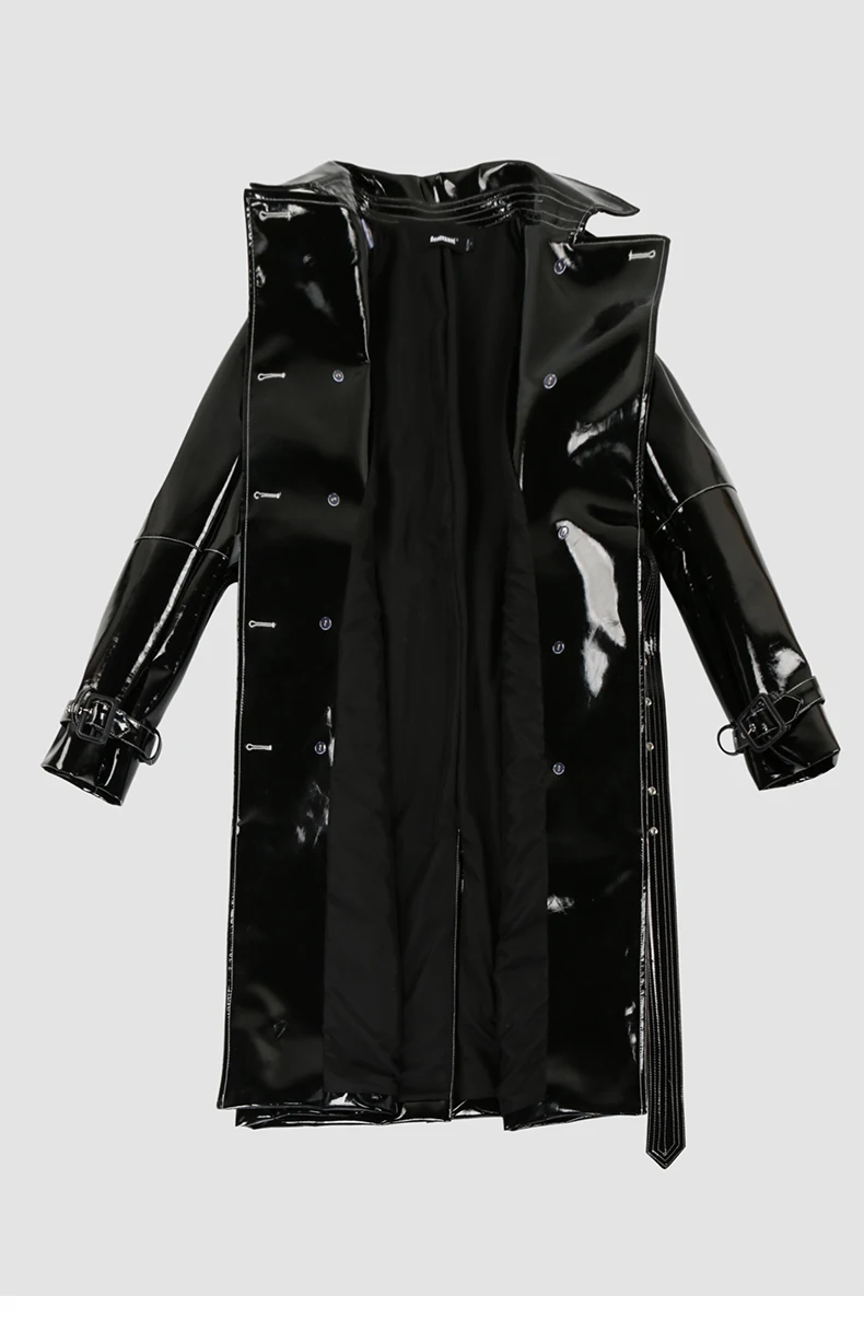 Nerazzurri Autumn Long Shiny Black Red Patent Pu Leather Trench Coat for Women Belt Double Breasted Luxury Designer Clothes 2023