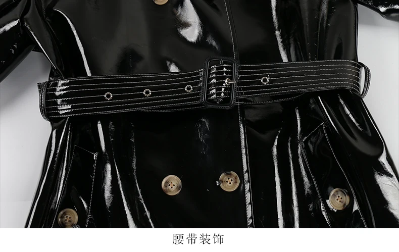 Nerazzurri Autumn Long Shiny Black Red Patent Pu Leather Trench Coat for Women Belt Double Breasted Luxury Designer Clothes 2023