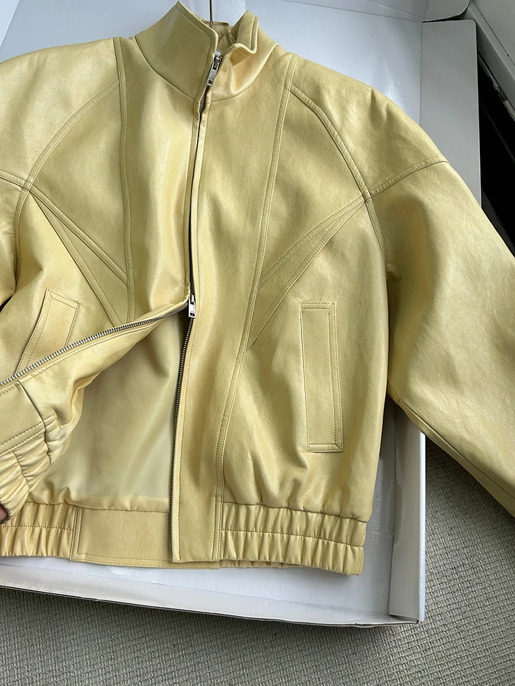Lautaro Spring Autumn Yellow Pu Leather Jacket Women Zipper Long Sleeve Looe Casual Luxury Designer American Retro Clothes 2026