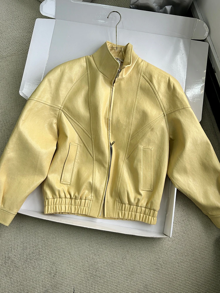 Lautaro Spring Autumn Yellow Pu Leather Jacket Women Zipper Long Sleeve Looe Casual Luxury Designer American Retro Clothes 2026