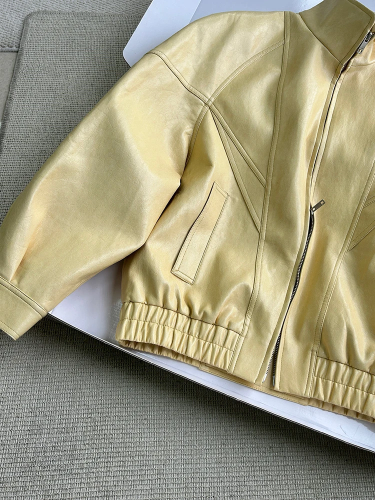 Lautaro Spring Autumn Yellow Pu Leather Jacket Women Zipper Long Sleeve Looe Casual Luxury Designer American Retro Clothes 2026