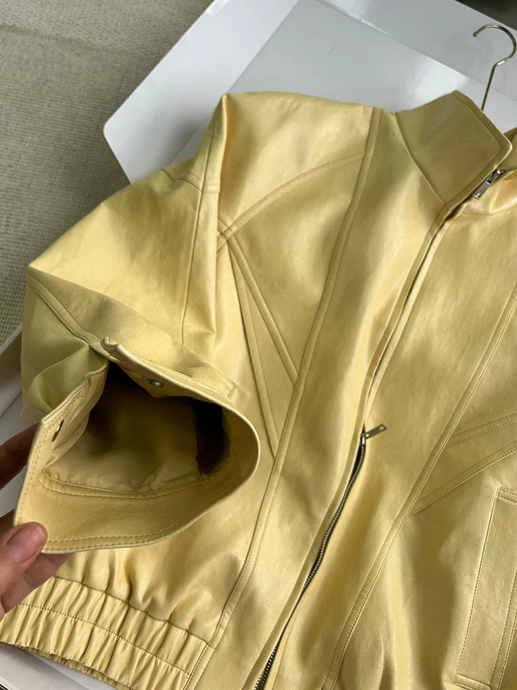 Lautaro Spring Autumn Yellow Pu Leather Jacket Women Zipper Long Sleeve Looe Casual Luxury Designer American Retro Clothes 2026
