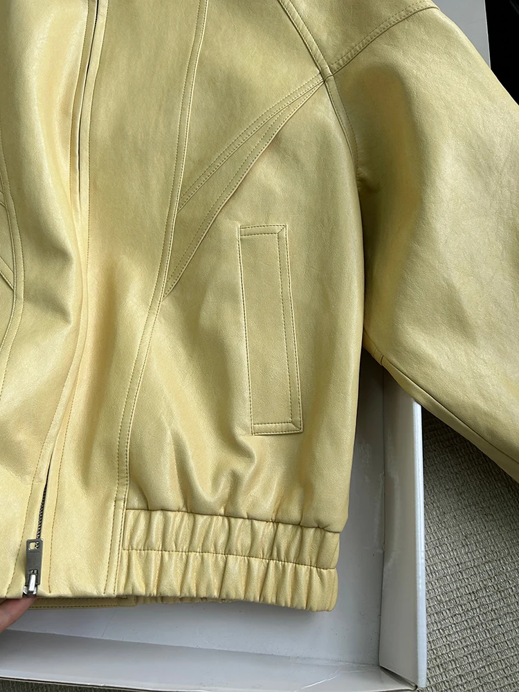 Lautaro Spring Autumn Yellow Pu Leather Jacket Women Zipper Long Sleeve Looe Casual Luxury Designer American Retro Clothes 2026