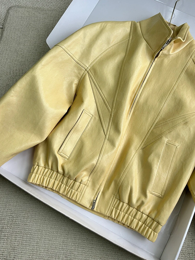 Lautaro Spring Autumn Yellow Pu Leather Jacket Women Zipper Long Sleeve Looe Casual Luxury Designer American Retro Clothes 2026